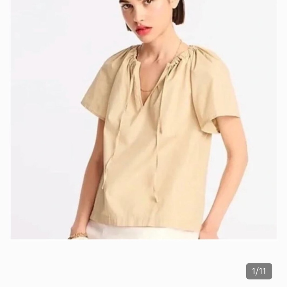 Jcrew Cotton khaki Short-Sleeve Drawstring Neck Top